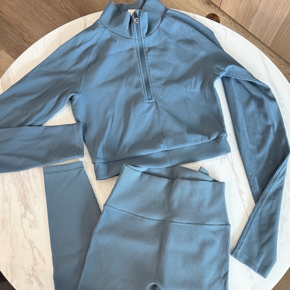 Ribbed Zip-Front Active Set in Dusty Blue